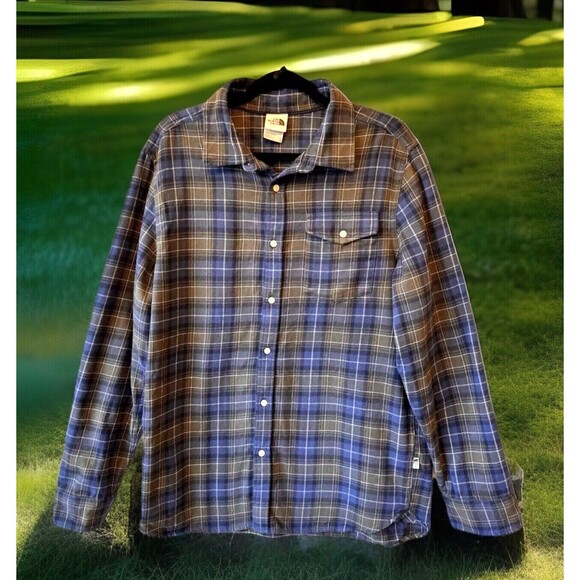 The North Face Mens Large Shirt Button‎ Down Blue White Plaid Heavy Flannel - Picture 1 of 9